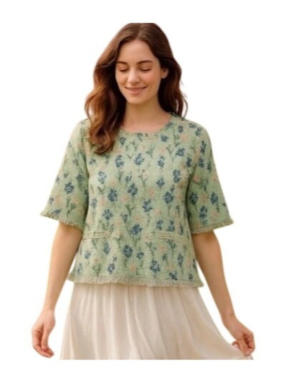 Tuckernuck cottage Floral Fringe Mint Green tweed Blouse top Medium coastal